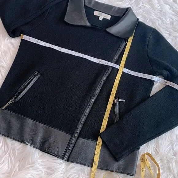 MY TRIBE wool blend Moto knit jacket leather trim full zip front zip pockets - Picture 8 of 11